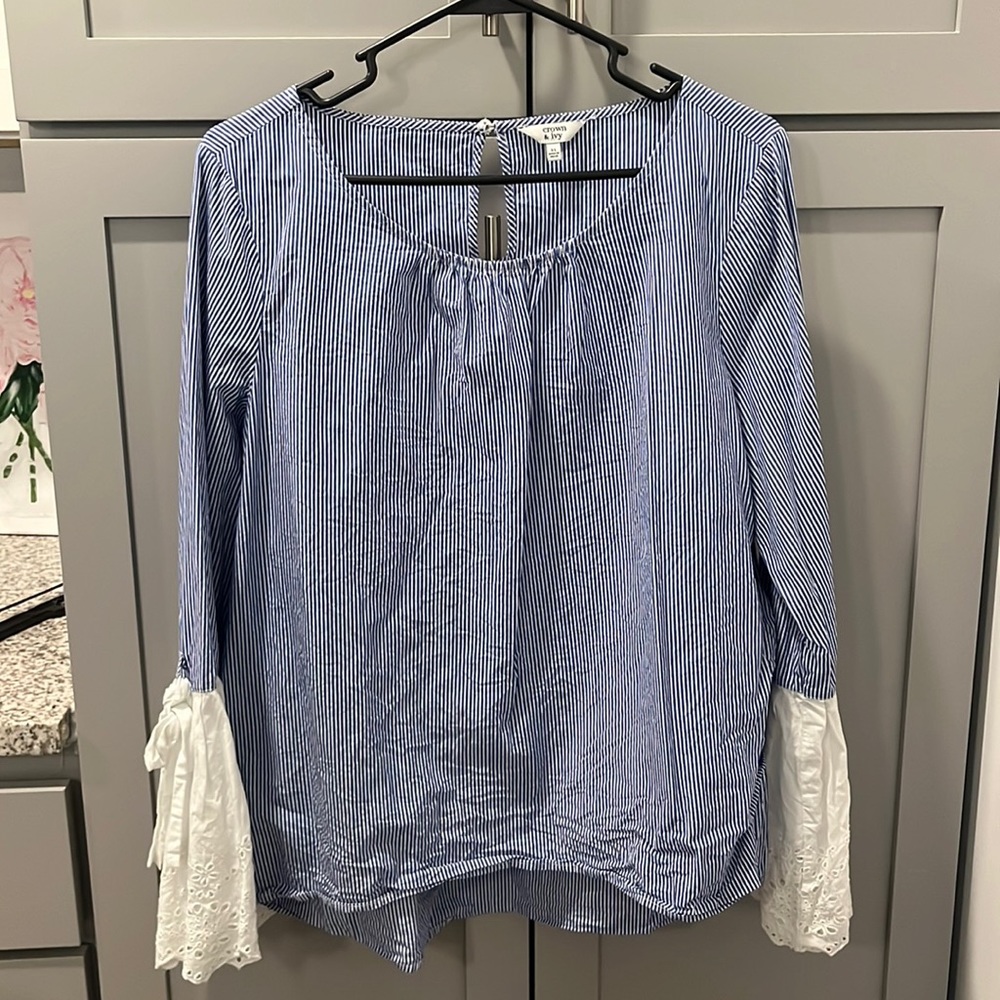 Blue and White Striped Blouse with Lace Bell Sleeves with Bows